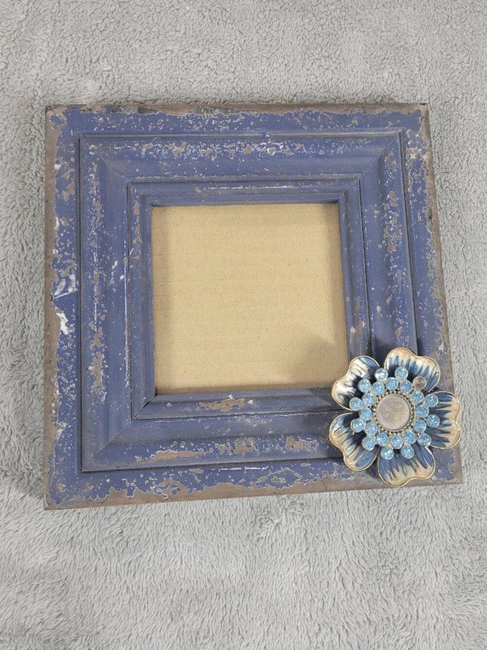 Vintage Distressed Blue Wood Photo Frame 3.5x3.5 Rustic Bejeweled Flower S55E